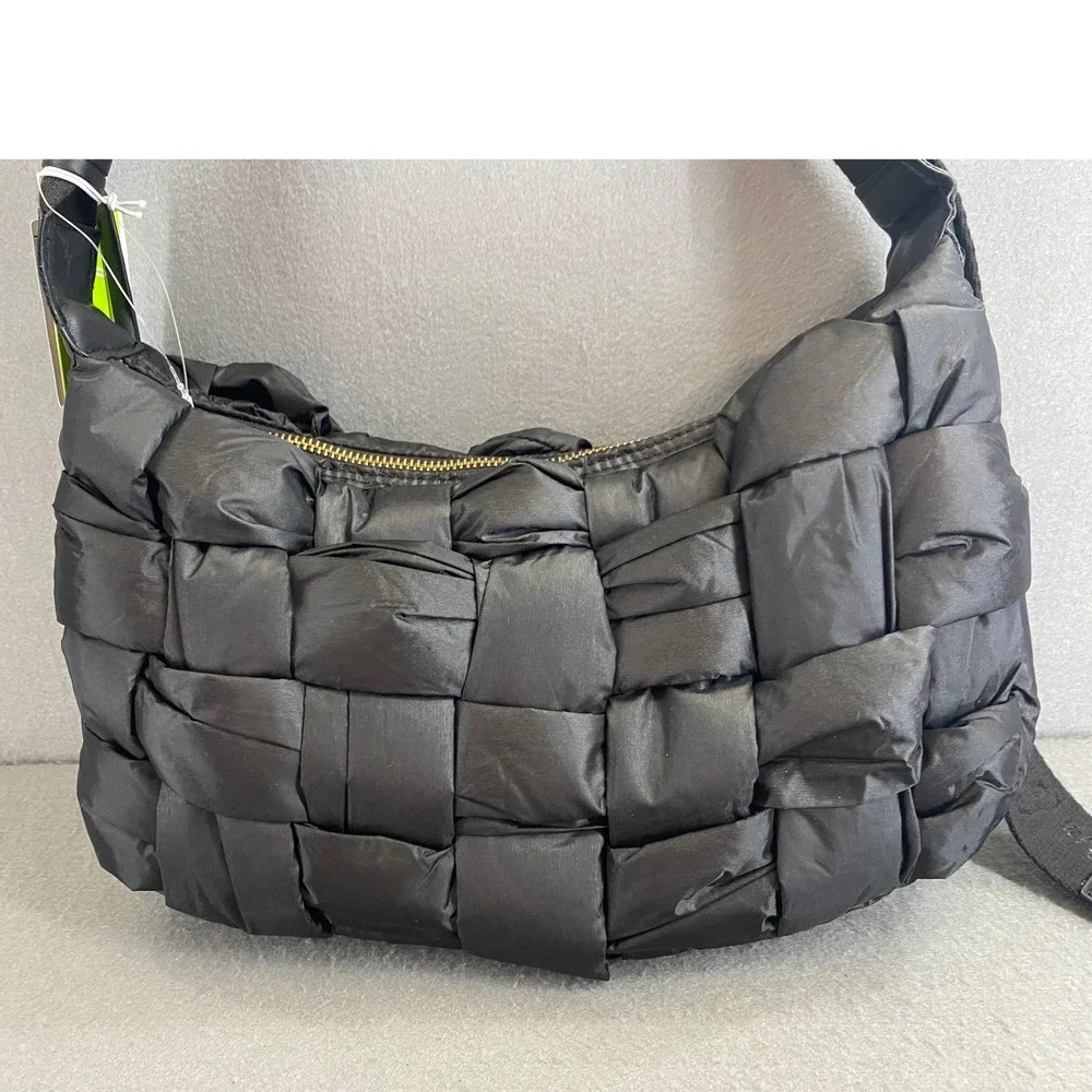 Sam Edelman ELCIE Black Puffer Woven Quilted Hobo Shoulder Bag Gold Logo NWT‎